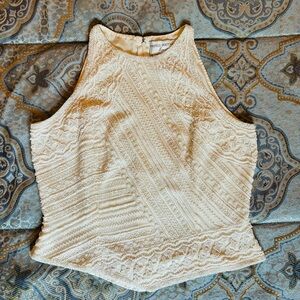 Sparkly Papell Boutique Cream Textured High-Neck Sequenced Party Top